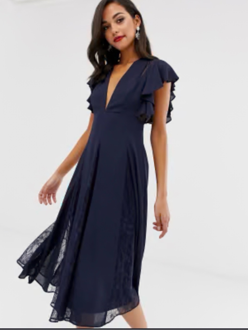 ASOS Navy V‑Neck Ruffle Sleeve Midi Dress
